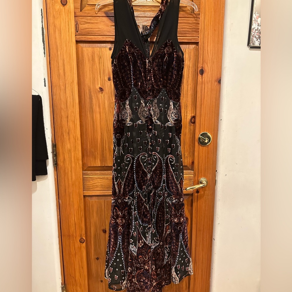 Free People Crushed Velvet and Chiffon Paisley Patterned Dress